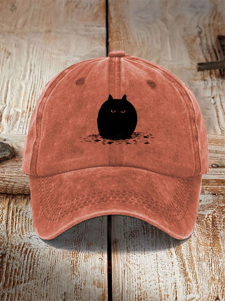 Comstylish Japanese Art Black Cat Print Washed Hat