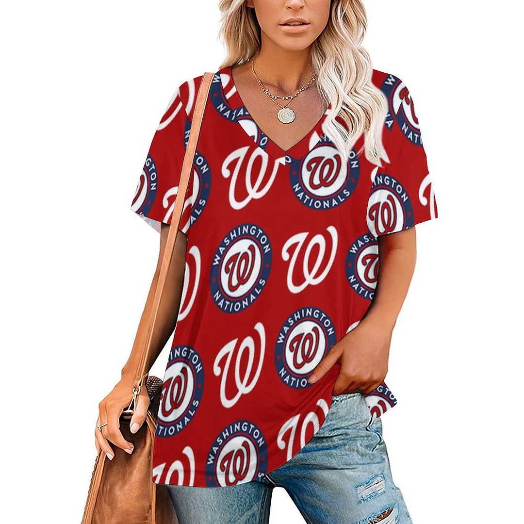 V-neck Short Sleeve Casual T-shirt for  Women Printed with Pattern , Blue, Red