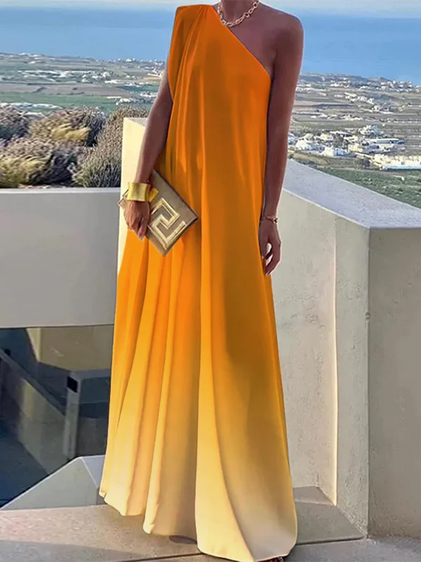 Loose Sleeveless Gradient Split-Joint One-Shoulder Maxi Dresses