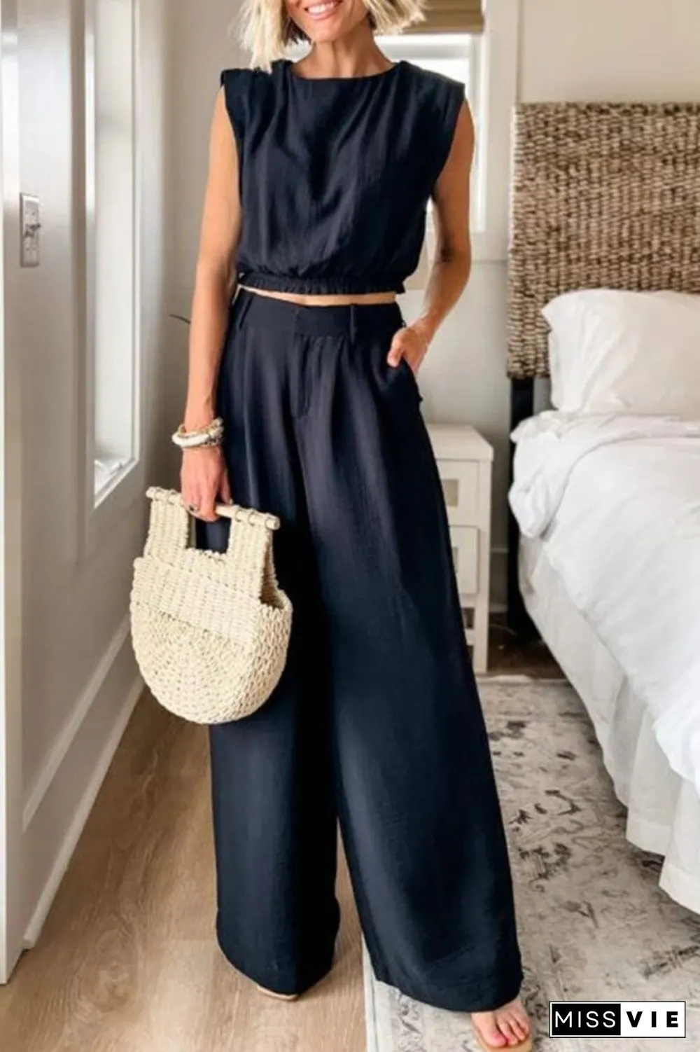 Casual Solid Pocket O Neck Sleeveless Two Pieces