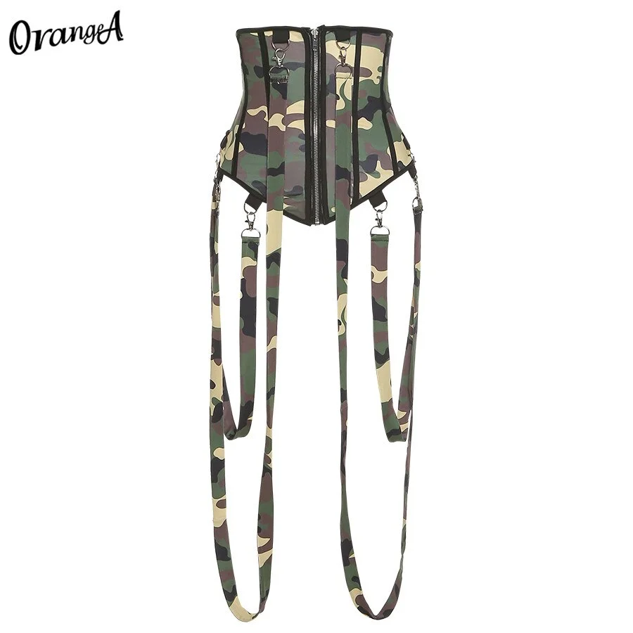 OrangeA Cotton Women Camouflage Sling Corset Sleeveless Skinny Zipper Sexy Tank Top Asymmetry Party Clubwear Hot Street Outfits