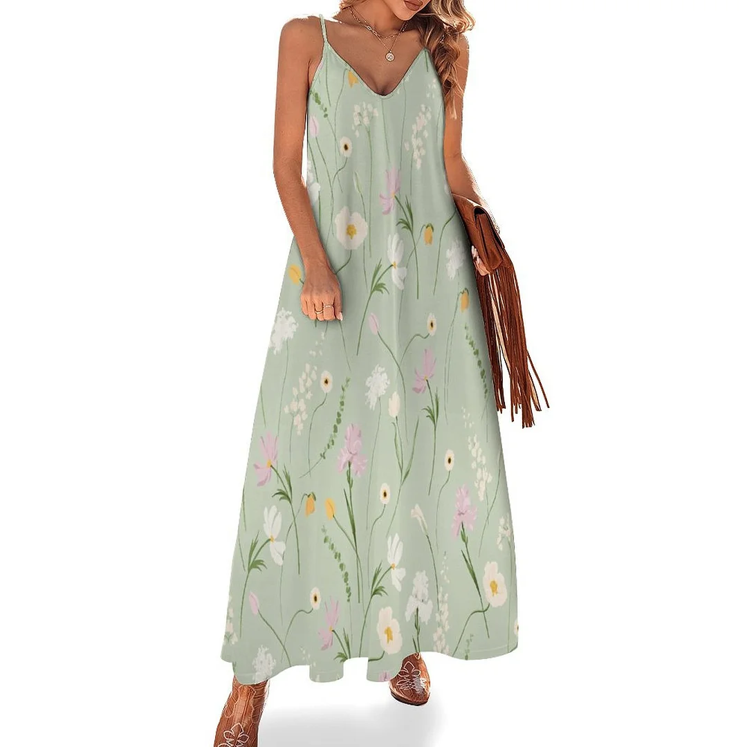Style & Comfort for Mature Women Plus Size Printed Sling Casual Women Maxi Dress in Pattern Floral, Green