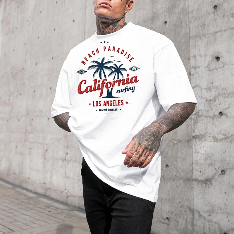 Letter Coconut Tree Printed Casual T-shirt