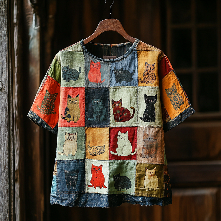 Simpfit Damen Pop Art Cat Kontrast Patchwork T-Shirt