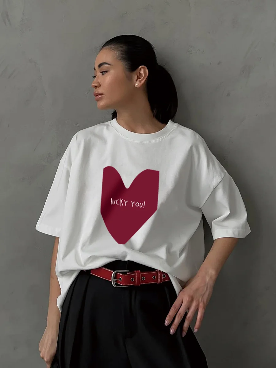 Athvotar Athvotar Sale Of Simple Love Print T-Shirts For Girls In Summer Free-Round Collar Pure Cotton Short-Sleeved Top