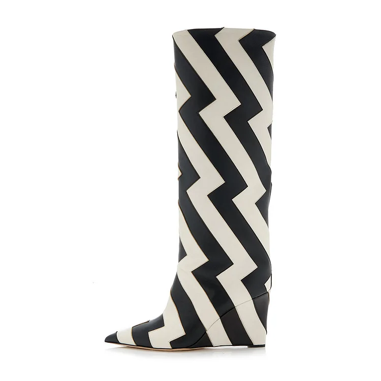 Black & White Pointed Toe Striped Knee High Boots with Wedge Heel |FSJ Shoes