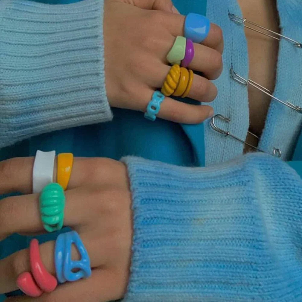 Dvacaman 2021 New Trendy Hand-Painted Candy Color Dripping Oil Geometric Chain Rings Set for Women Colorful Irregular Open Rings