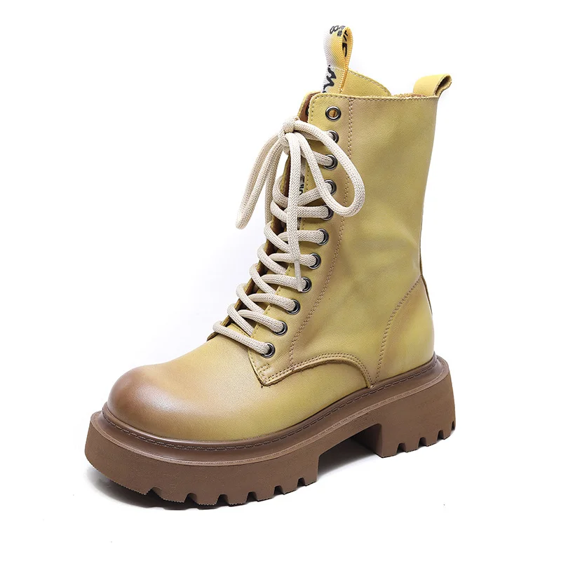 Yyvonne Leather Martin Boots High-Rise Kraft Mid-Sleeve Long Boots Autumn And Winter New Two Cotton Waterproof Table With Knight Boots