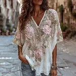 Women's Boho Floral Embroidered Art V-neck Short Sleeve T-shirt - Image 2