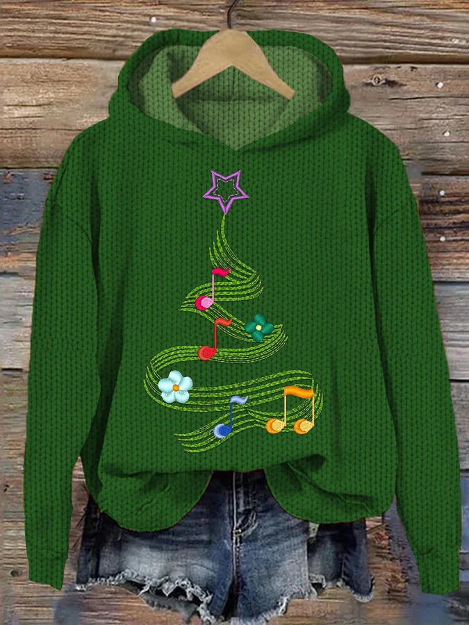 Cute Music Christmas Tree Graphic Knit Hoodie