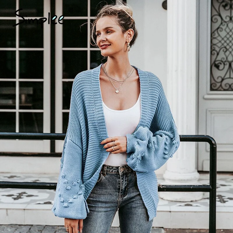 Simplee Loose women knitted cardigans Oversized lantern sleeve heart crochet jumper Autumn winter female knitting cardigan coats