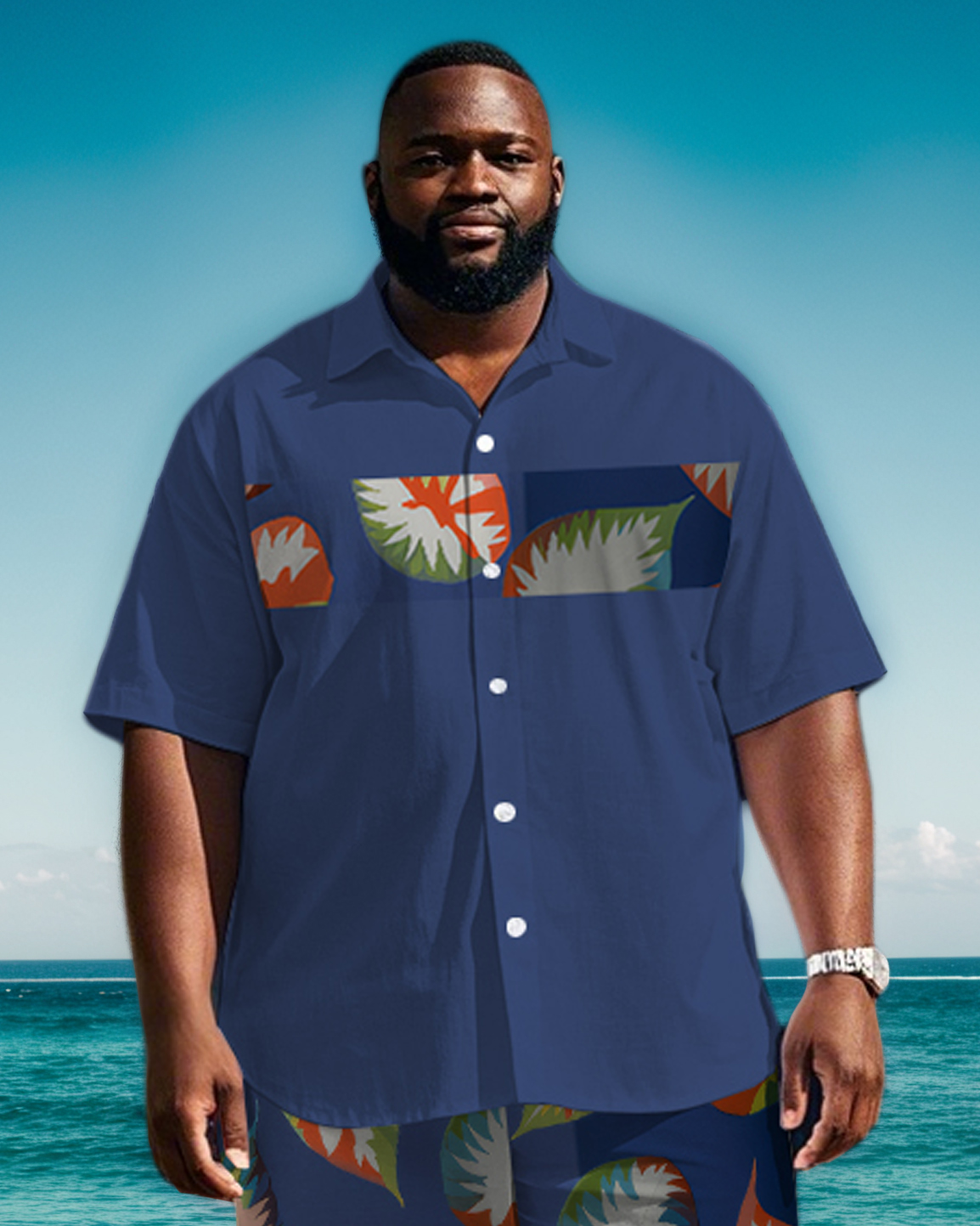 Big Men's Street Fashion Splicing Color Block Abstract Leaves Printed Short Sleeve Shirt Shorts Set