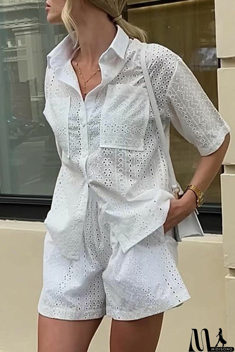 MidiSono - Casual Daily Solid Color Lace Pocket Turndown Collar Short Sleeve Two Pieces
