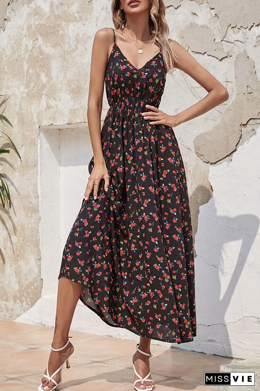 Fashion Street Print Split Joint V Neck A Line Dresses