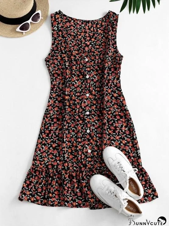 Ditsy Floral Plunging Flounce Button Front Dress for Women