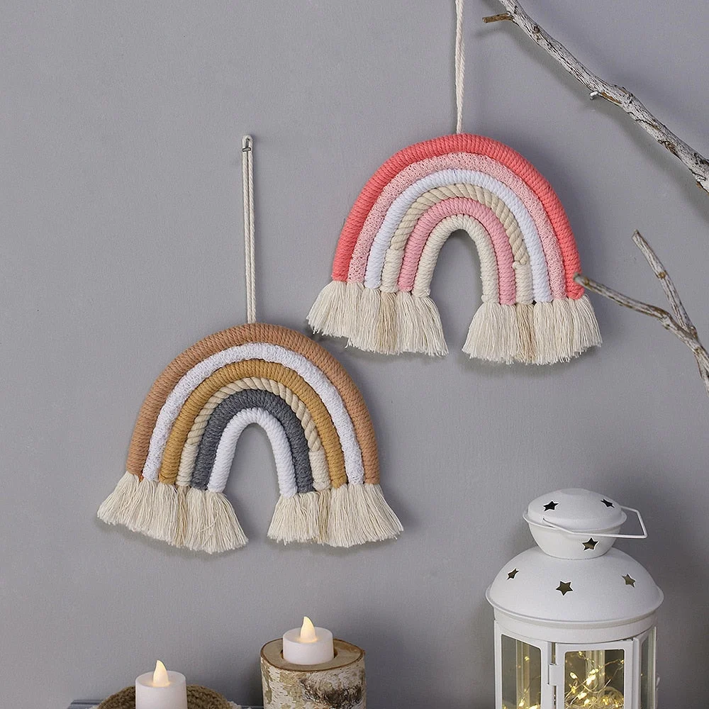 Nordic Handmade Woven Macrame Rainbow Wall Hanging Decorative Home Boho Decor Rainbow Birthday Party Decorations Kids Baby Room