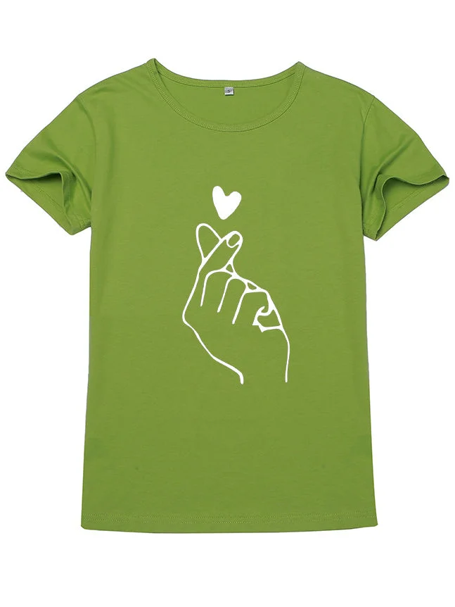 Round Neck Finger Heart Floral Short Sleeves T-shirt