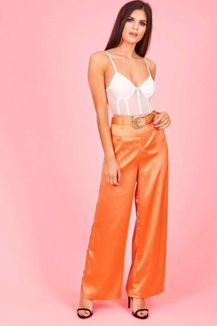 Orange Wide Leg Satin Trousers With Western Belt Katch Me