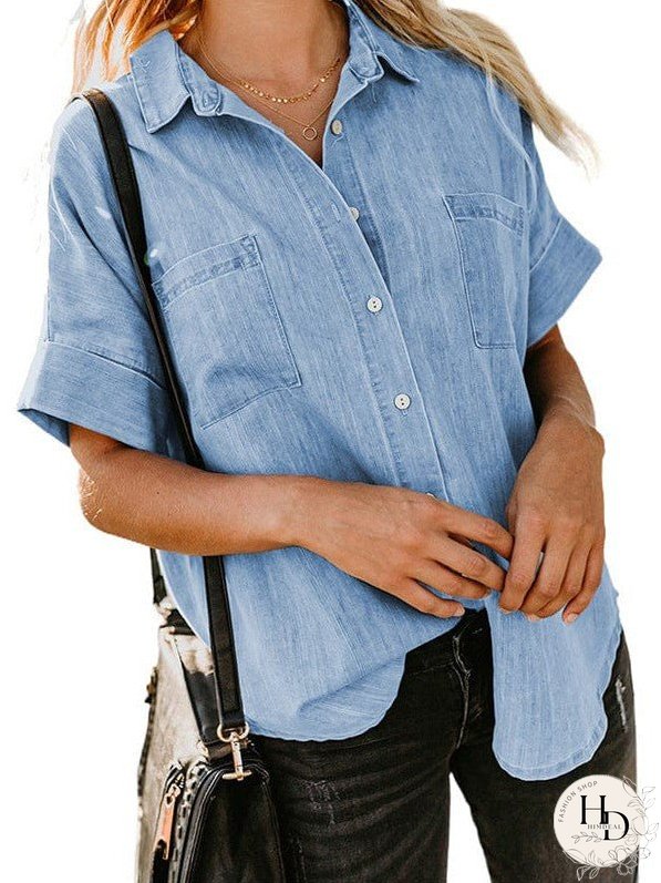 Women's Striped V-Neck Denim Shirt