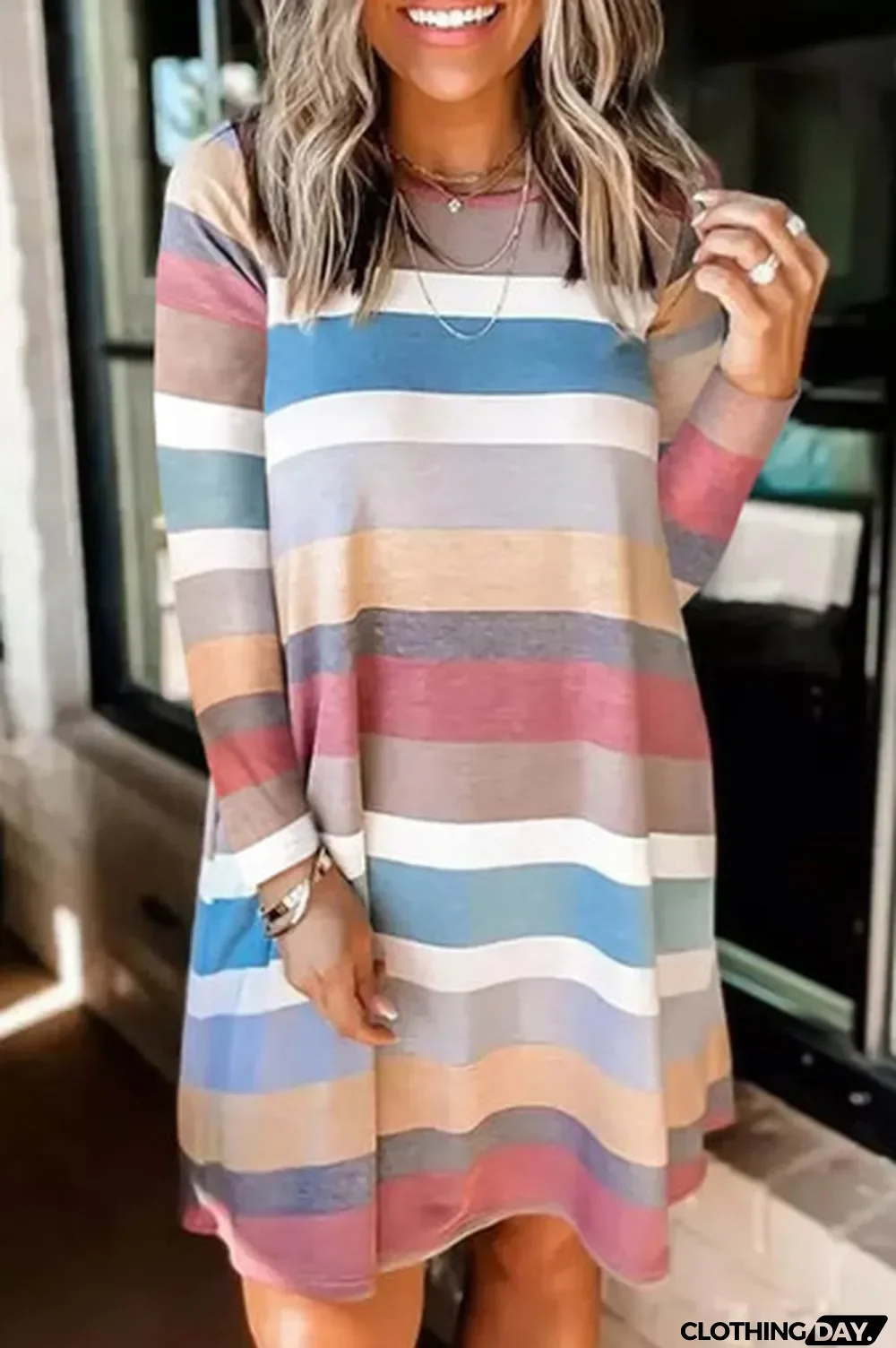 Rainbow Long Sleeve Stripes Mini Dress