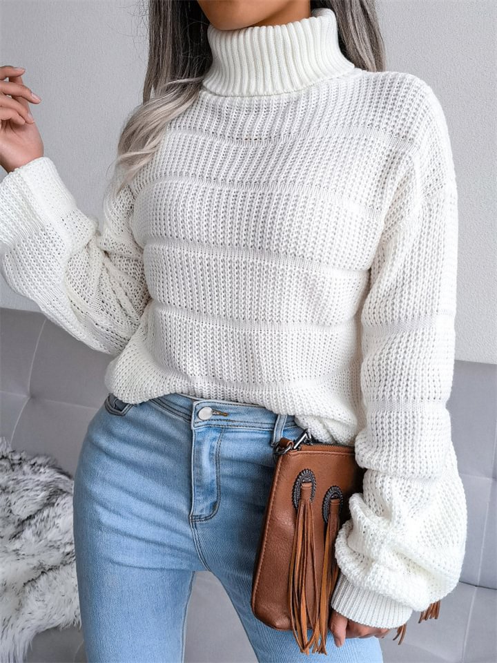 Solid Color High Collar Long Sleeve Casual Knitting Sweater