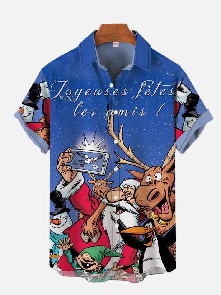 Men's Merry Christmas Santa Elk Plus Size Christmas Tree Short Sleeve Shirt