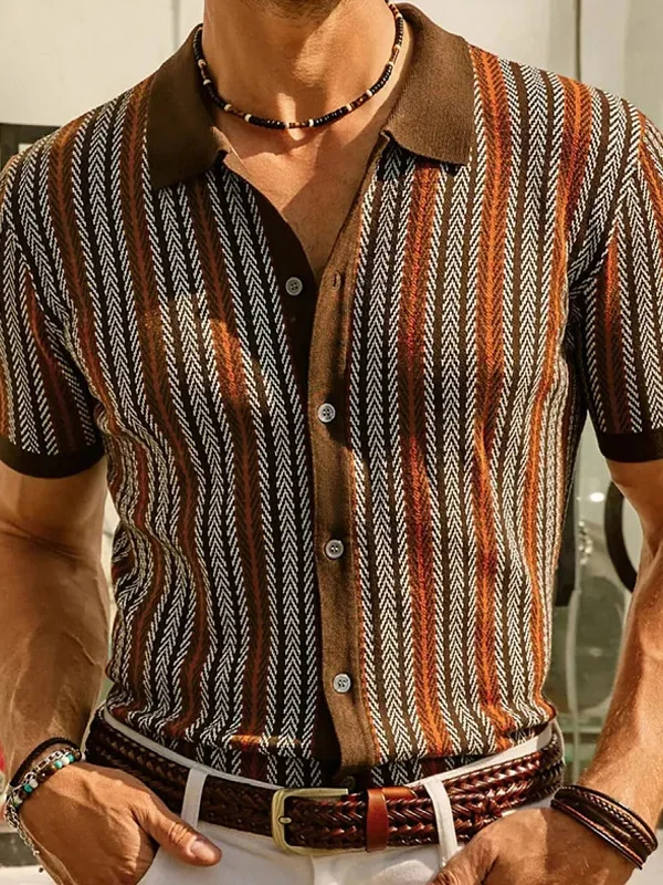 Men's Vintage Herringbone Pattern Short Sleeve Shirt