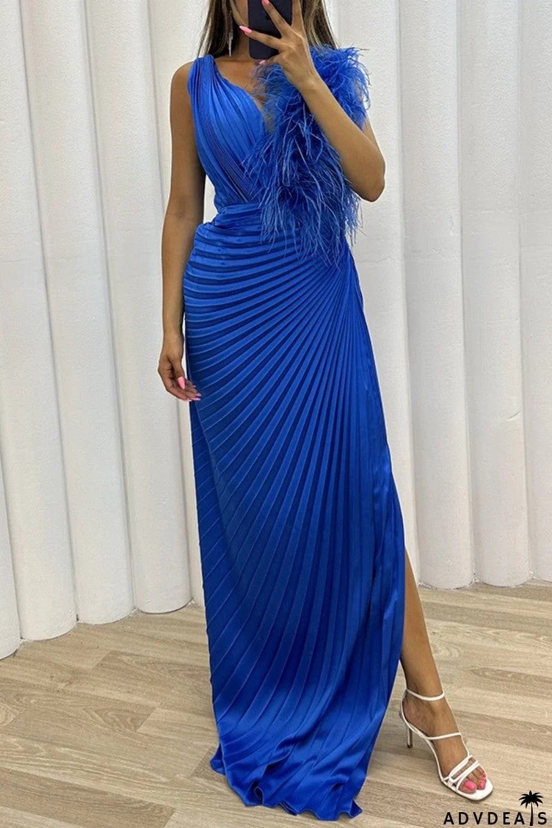 Sexy Solid Patchwork Pleated V Neck Long Dress Dresses