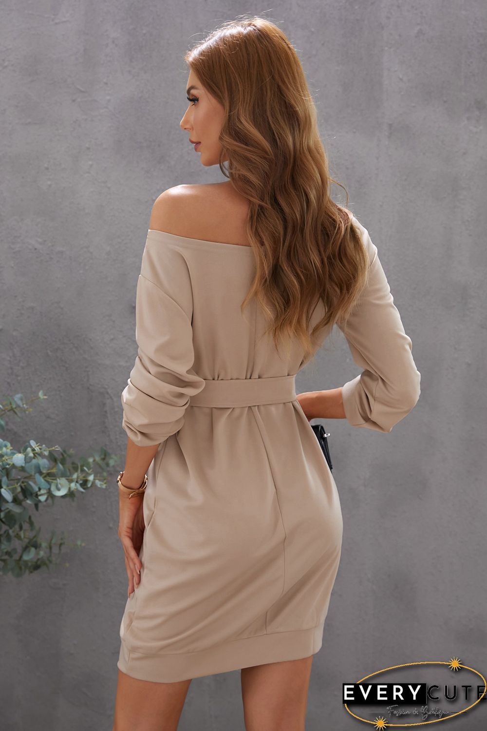 Khaki Crewneck Long Sleeve Belted Casual Mini Dress