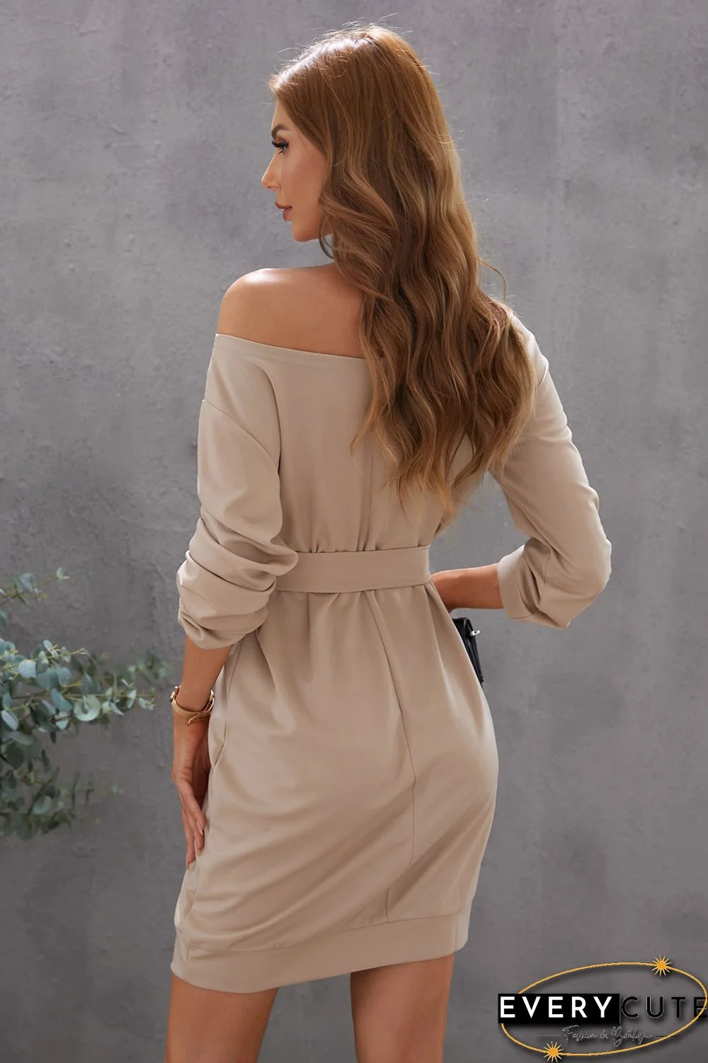 Khaki Crewneck Long Sleeve Belted Casual Mini Dress