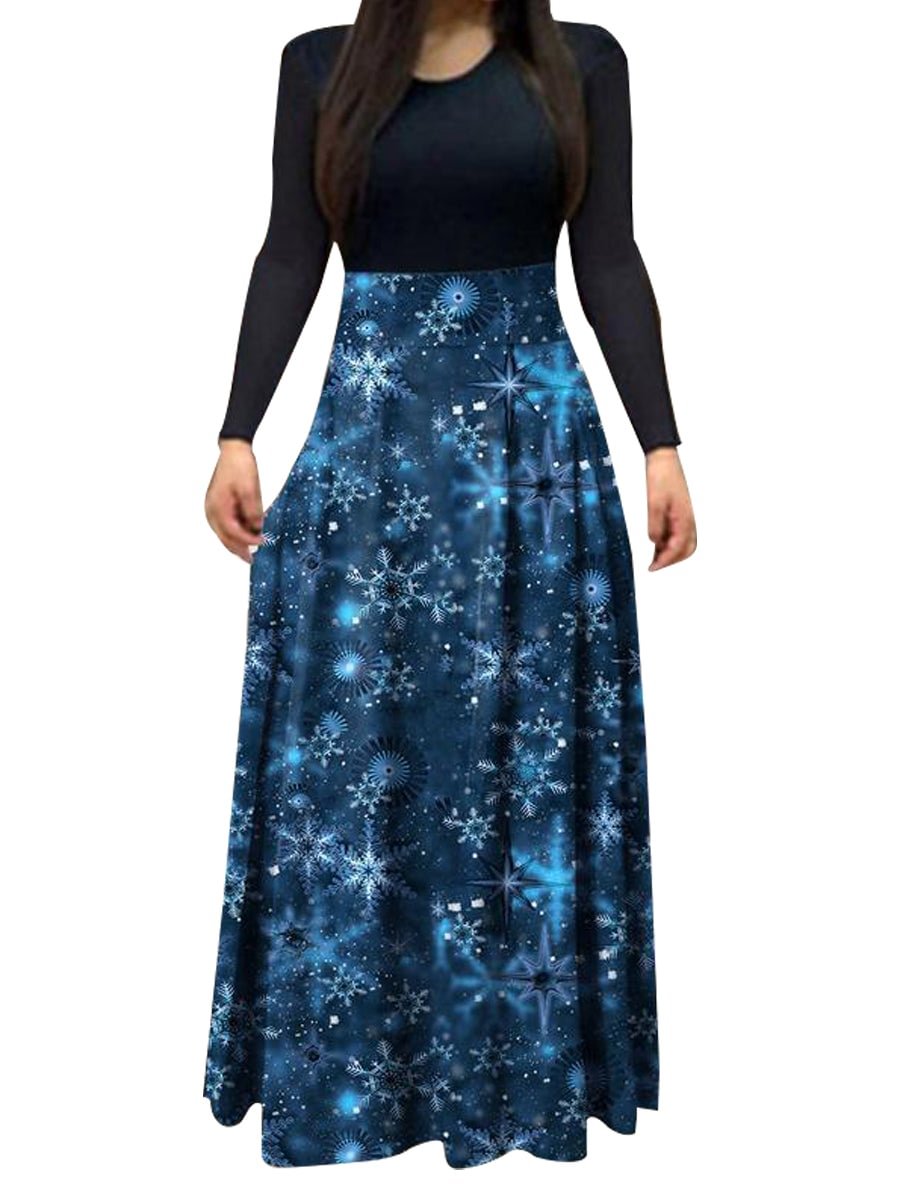 Christmas Dress For Women Printed Patchwork Round Neck Long Sleeve Maxi Dress