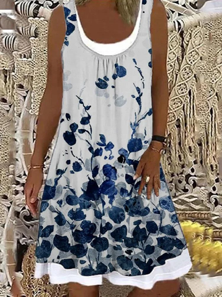Women's Sleeveless Scoop Neck Floral Printed Fake 2-Piece Mini Dress