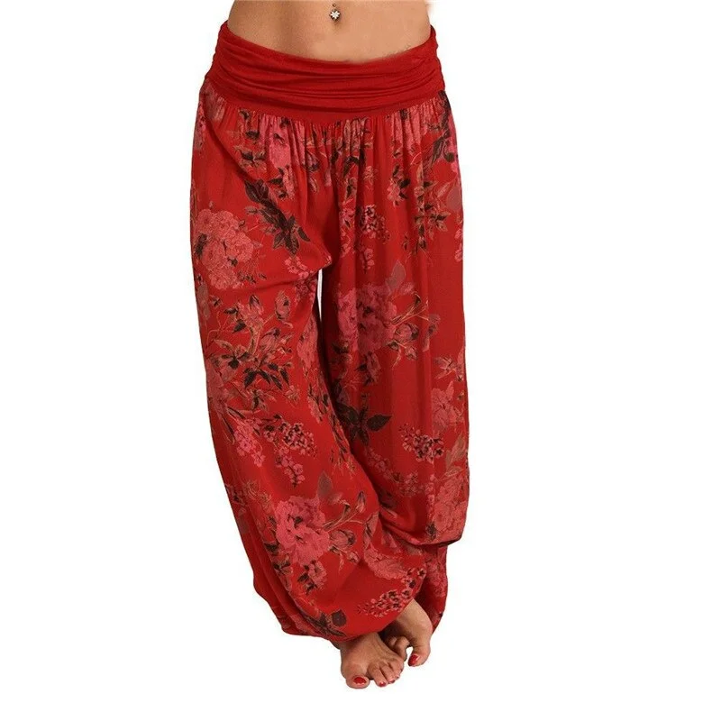Women Bohemian Floral Print Long Pants 2021 Mid Waist Vintage Harem Pants Elastic Waist Boho Beach Trousers Plus Size 5XL