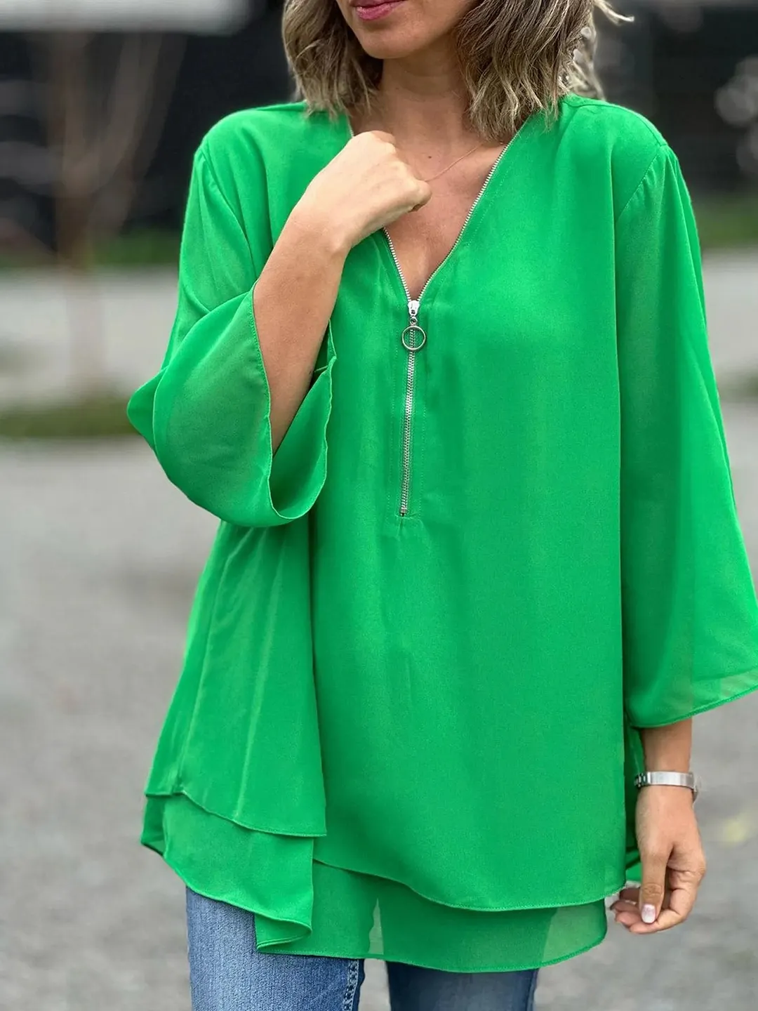 Women's Yellow Half Zip V Neck Blouse - Double Layer Chiffon 3/4 Sleeve Flowy Top
