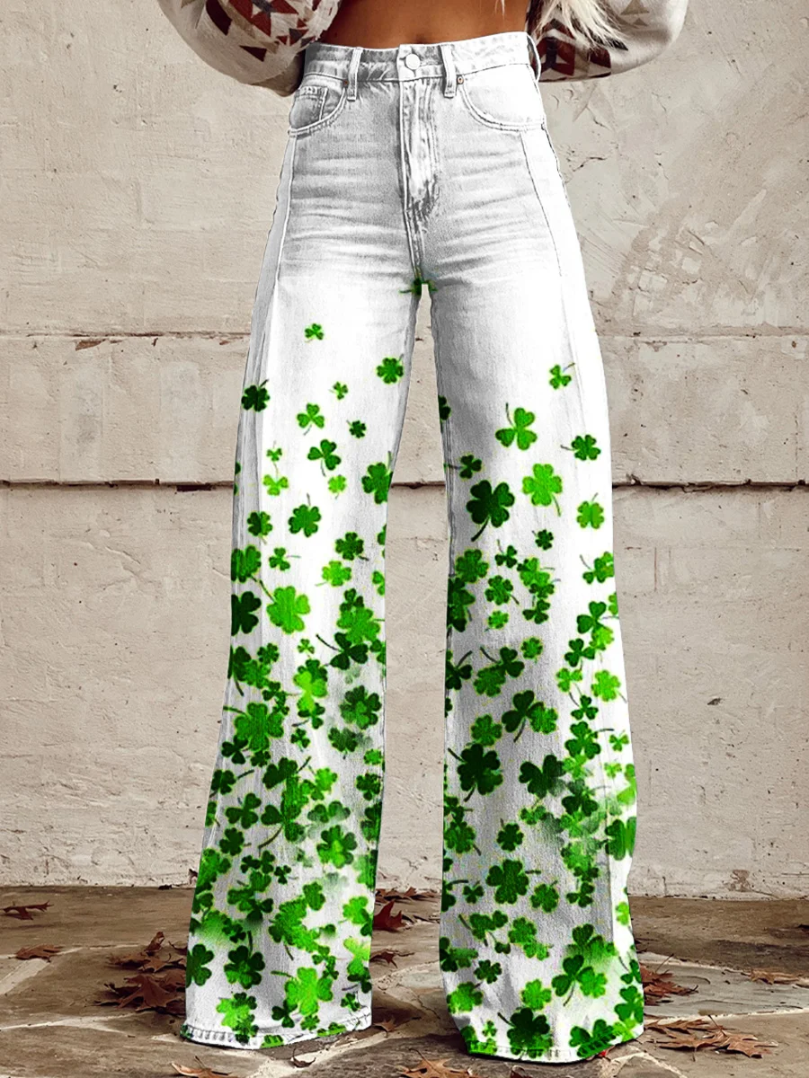 Women's St Patrick's Day Clover Print High Waisted Wide Leg Pants
