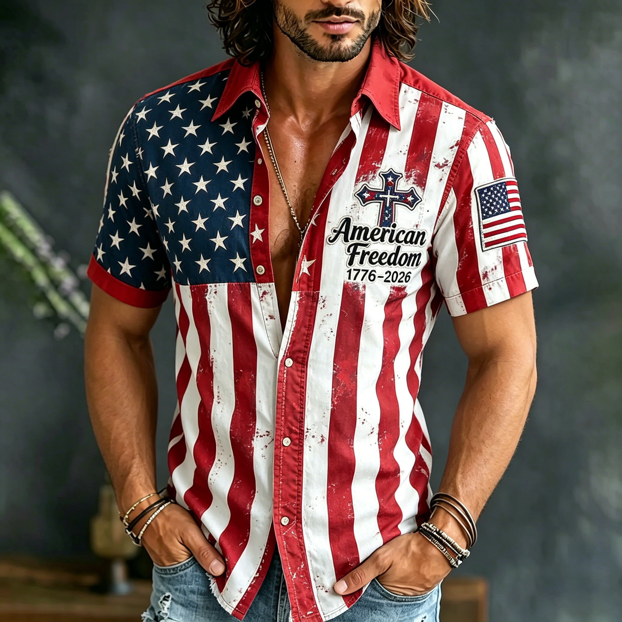  Men's Cross And Flag Design Shirt Westsshops