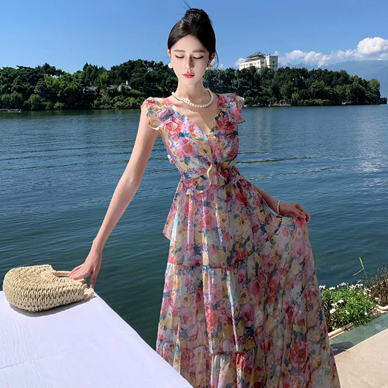 Churchf Churchf Floral Collar Dress Female Tea Break Seaside Vacation Senior Age Reduction Long Skirt Sanya Open Back Lace Skirt
