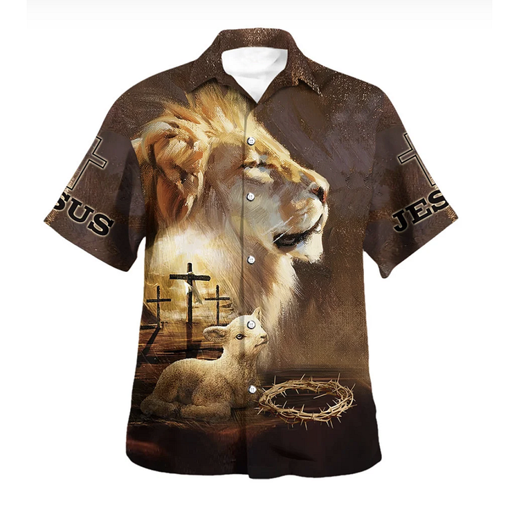 BrosWear Lion And Cross Printed Short Sleeve Shirt