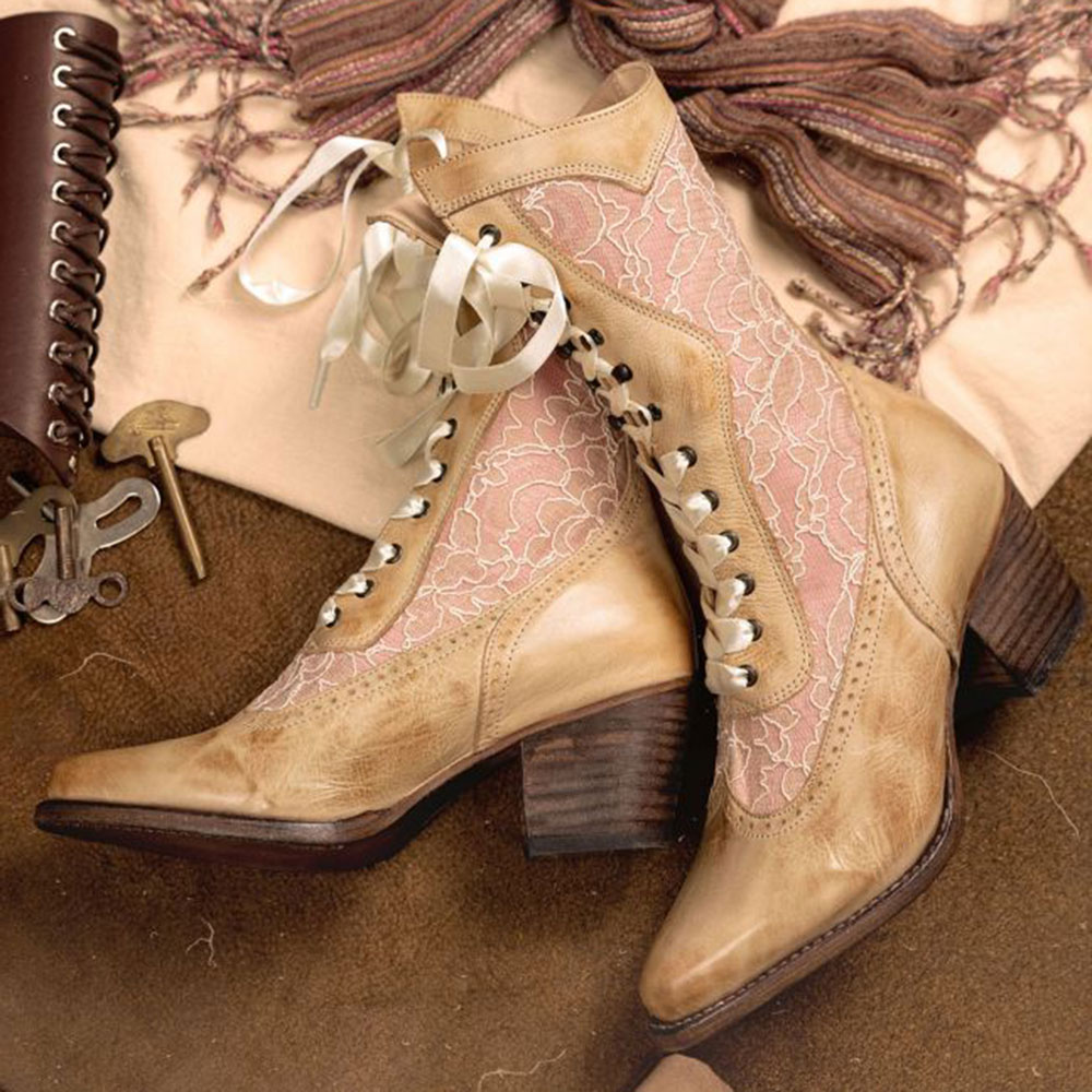 Tan & Pink Lace Patchwork Ribbon Almond Toe Chunky Heel Mid Calf Boots Nicepairs