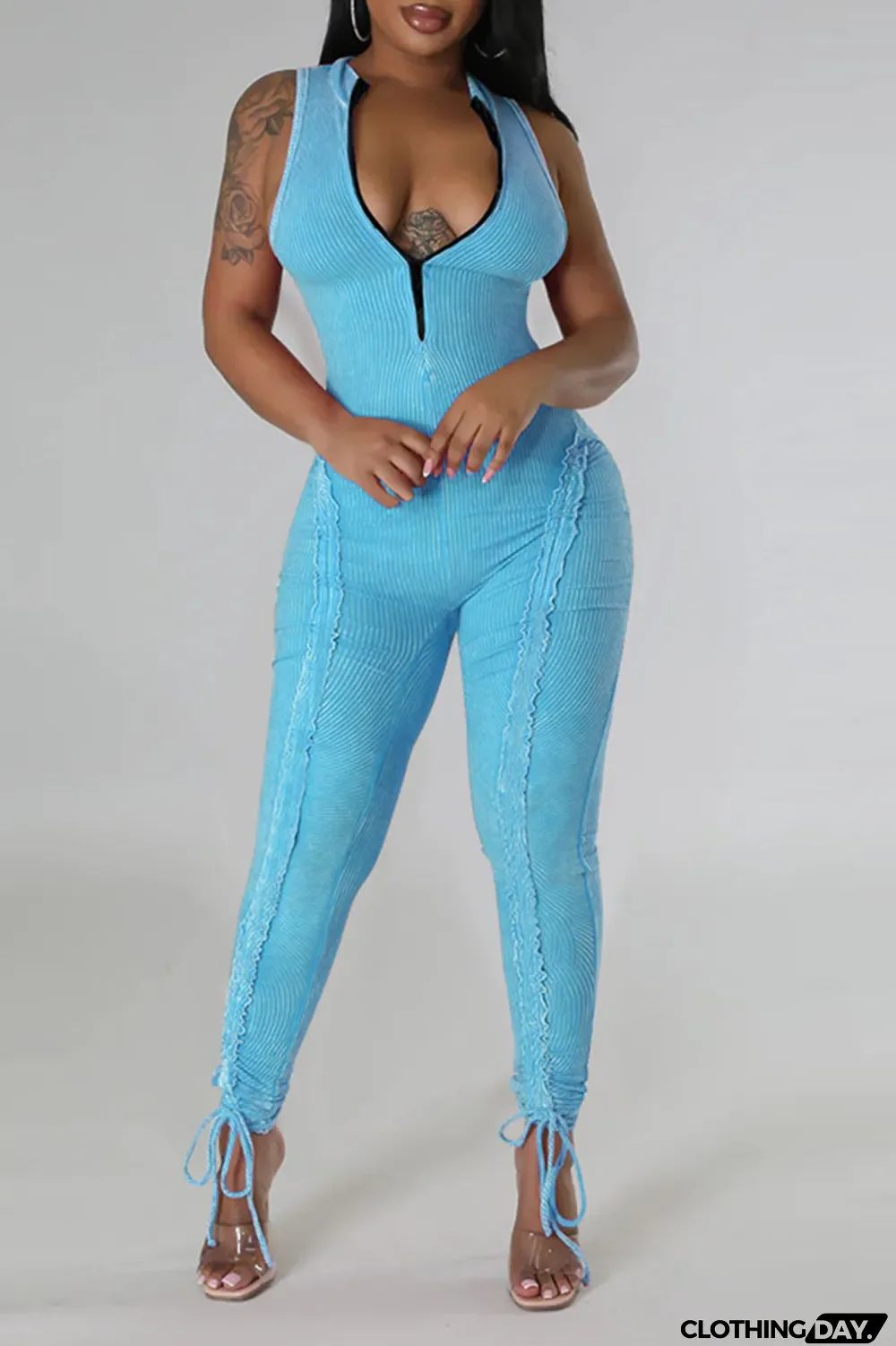 Light Blue Casual Solid Patchwork Stringy Selvedge Zipper Collar Skinny Jumpsuits