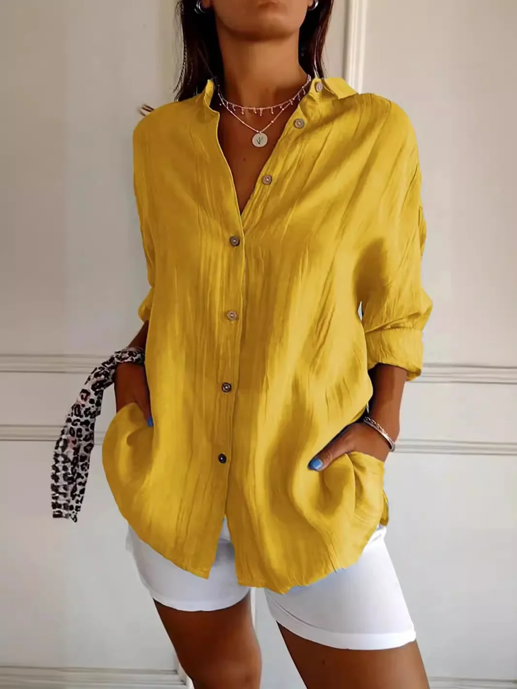 Nigikala Nigikala New Single-Dran Buckle Folding Collar Shirt Burst Lady Solid Color Can Sleeve Top