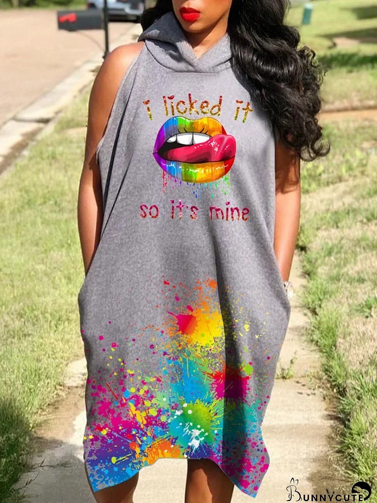 Dresses Lip Print Sleeveless Pocket Hooded Dress for Women