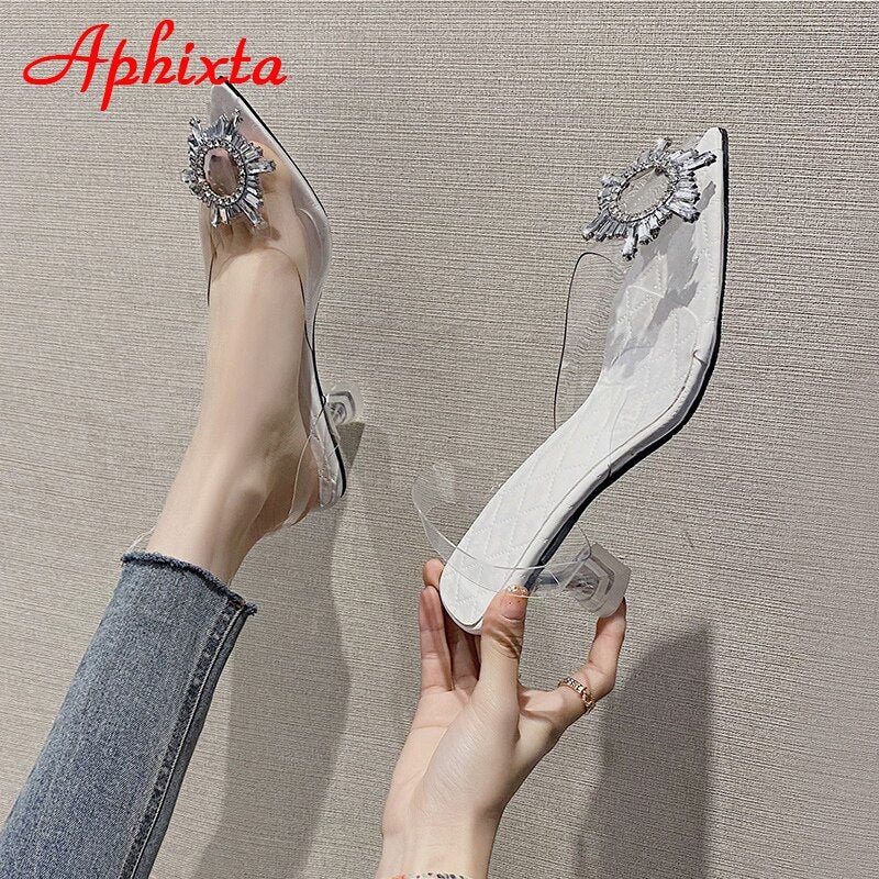 Aphixta 2021 Summer Transparent Women Sandals 7cm Heels Open Pointed Toe Crystals Buckle Ladies Breathable Cool Slides Shoes