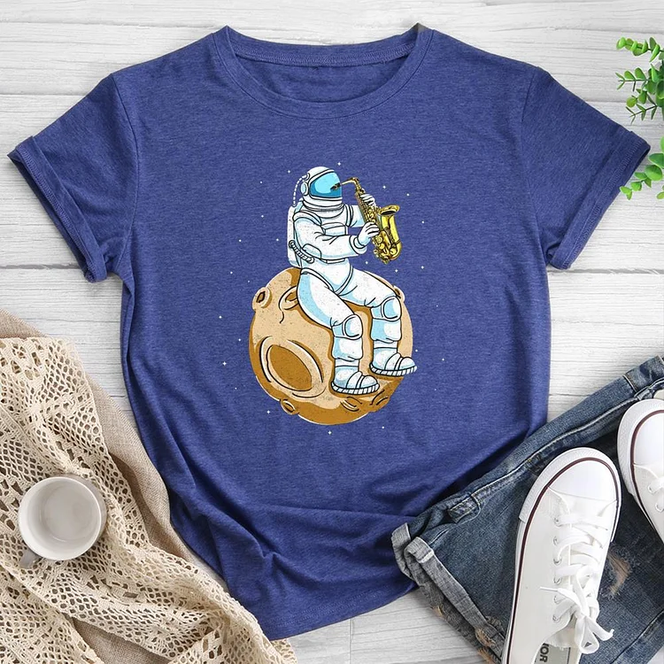 Astronaut Playing Saxophone Round Neck T-shirt