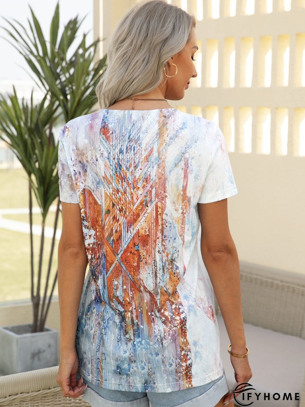 Short Sleeve Printed V Neck T-shirt | IFYHOME