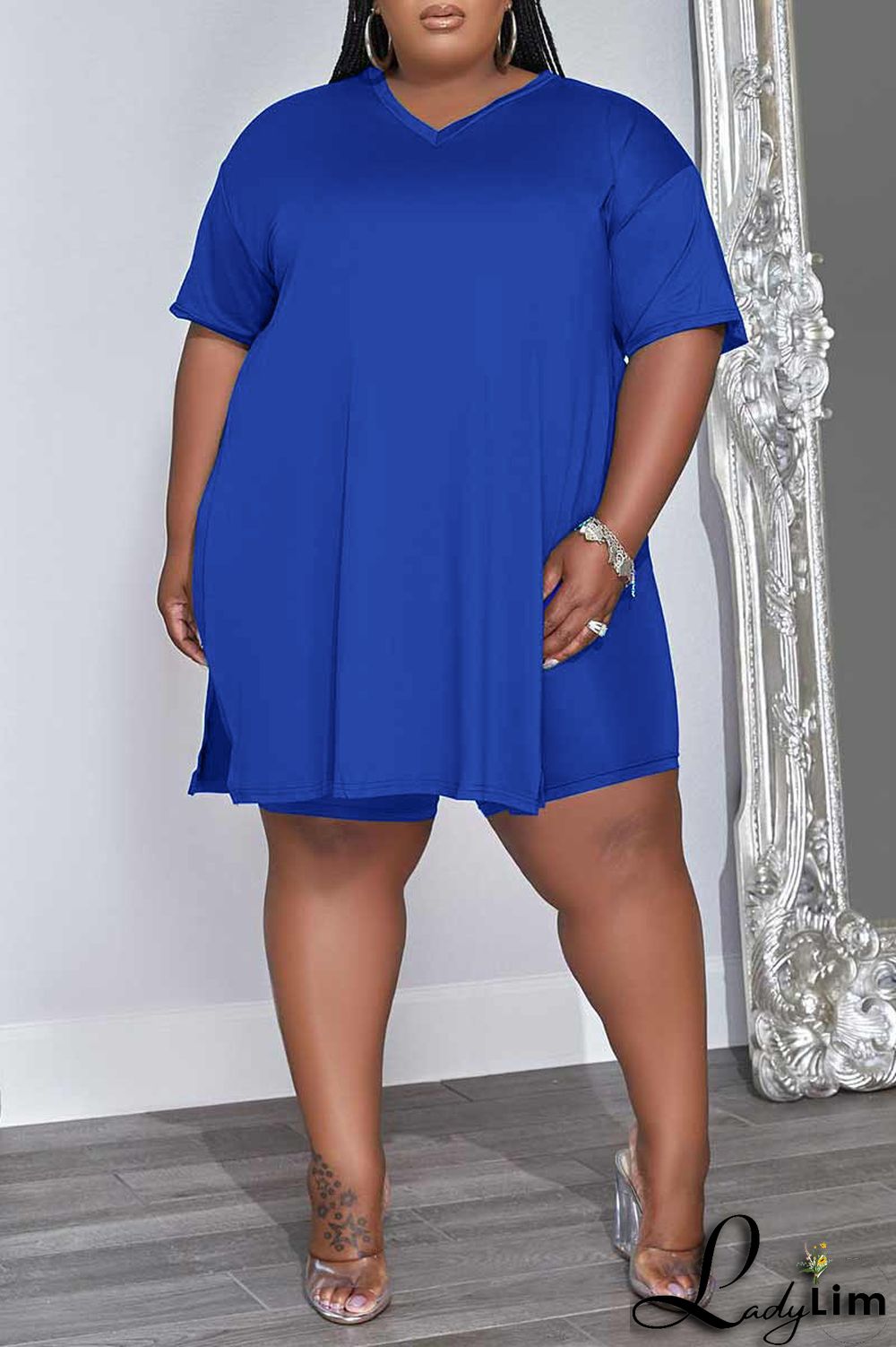 Green Casual Solid Patchwork V Neck Plus Size Two Pieces