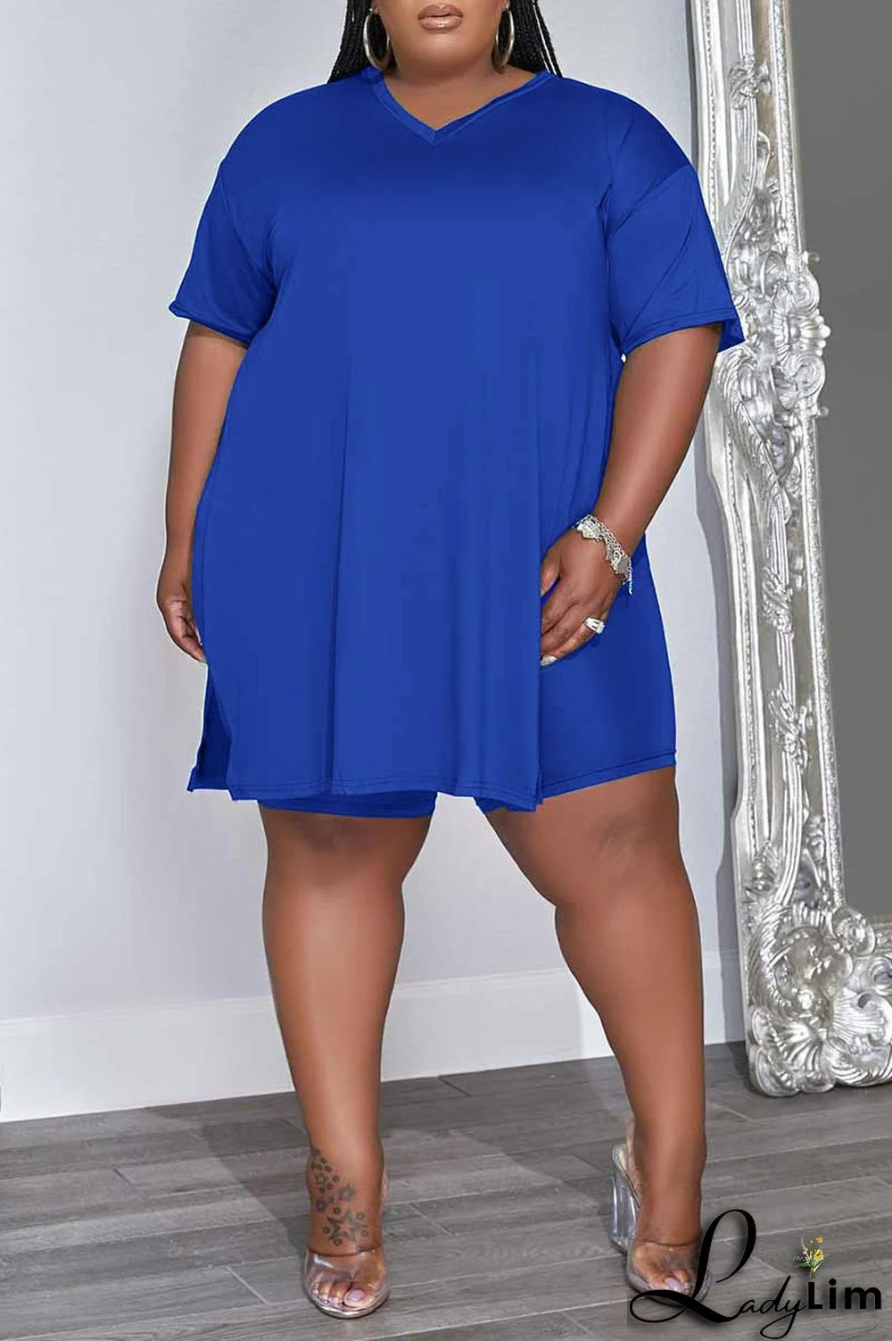 Green Casual Solid Patchwork V Neck Plus Size Two Pieces