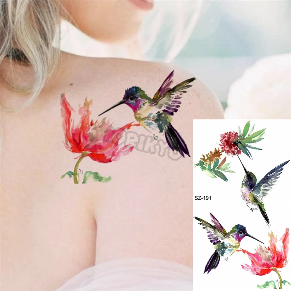 Colorful Dinosaur Temporary Tattoos For Kids Girls Rose Flower Lavender Hummingbird Fake Tattoo Sticker Forearm Neck Tatoos Show