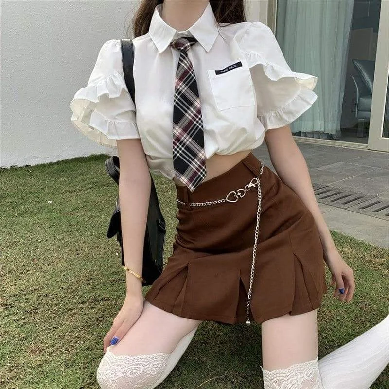 Korean Style Fashion Hight Wait Pleated Skirt Black Tie White Top Set SP16548