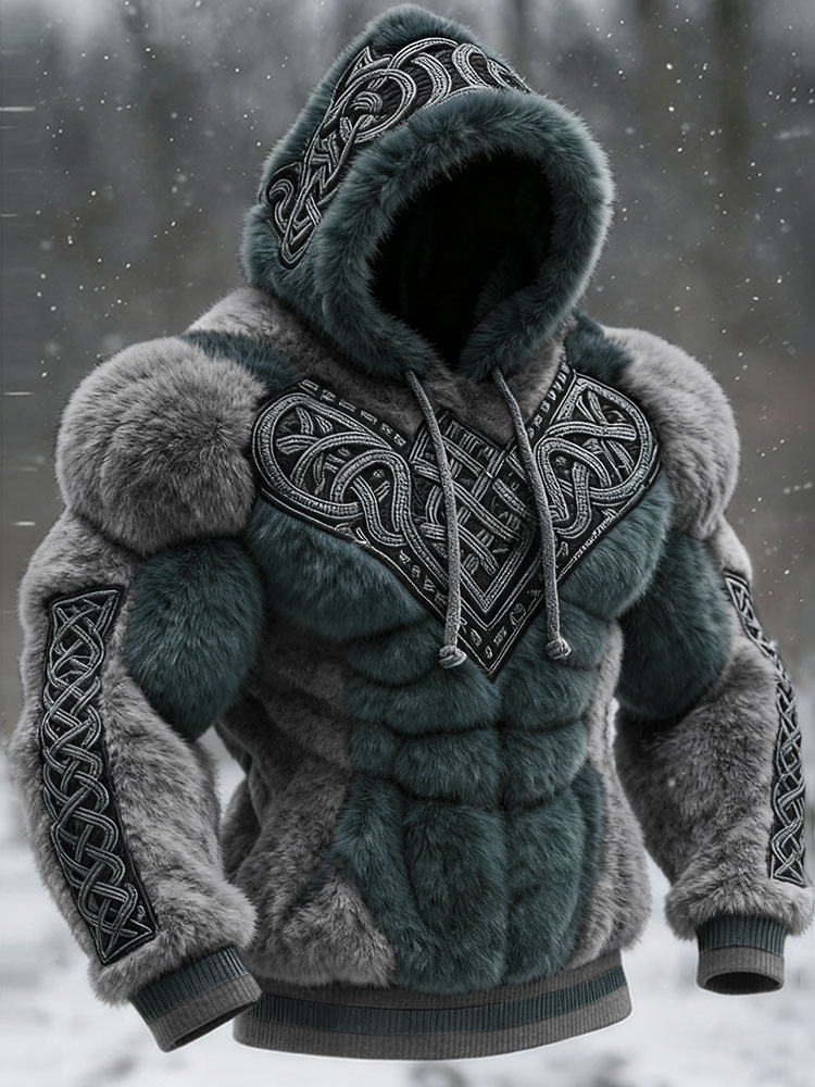 menweary Men's Vintage Viking Tribal Jacquard Celtic Muscle Line Inspired Art Plush Warm Hoodie